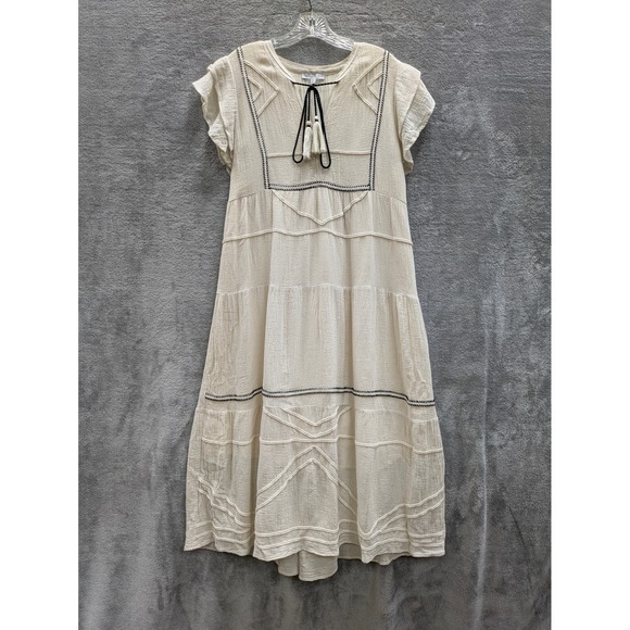 See And Be Seen Dresses & Skirts - Boho Midi Dress Womens Large Linen Blend Tiered Embroidered Cream Peasant